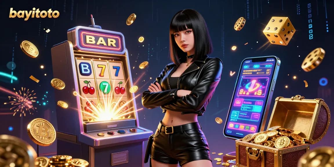 Experience the excitement of bayitoto with this vibrant 3D casino illustration showcasing jackpot reels and floating coins.