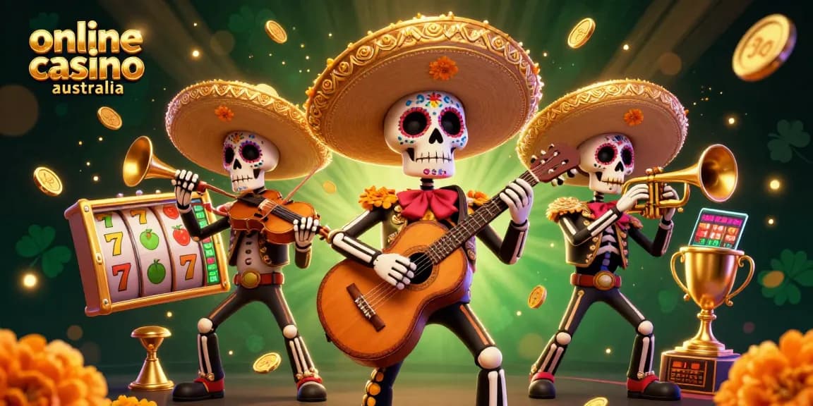 Experience the vibrant online casino australia scene with mariachi skeletons celebrating wins and jackpots.