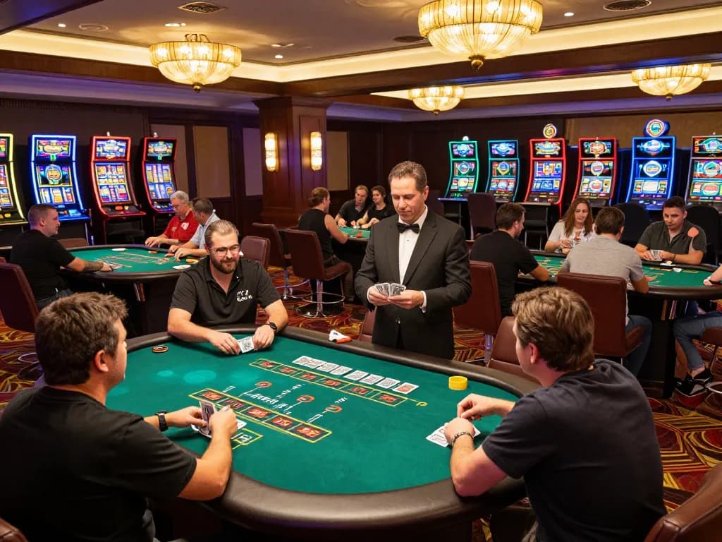 Players enjoying blackjack at MM88 casino, with vibrant atmosphere and dealer action