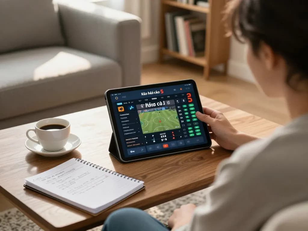 Kèo nhà cái 5 displayed on a tablet, showcasing interactive betting options in a cozy home environment.