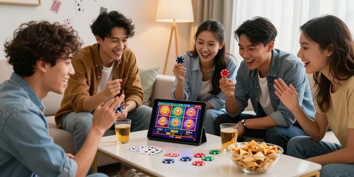 Friends exploring new online casinos on a tablet in a lively living room setting.