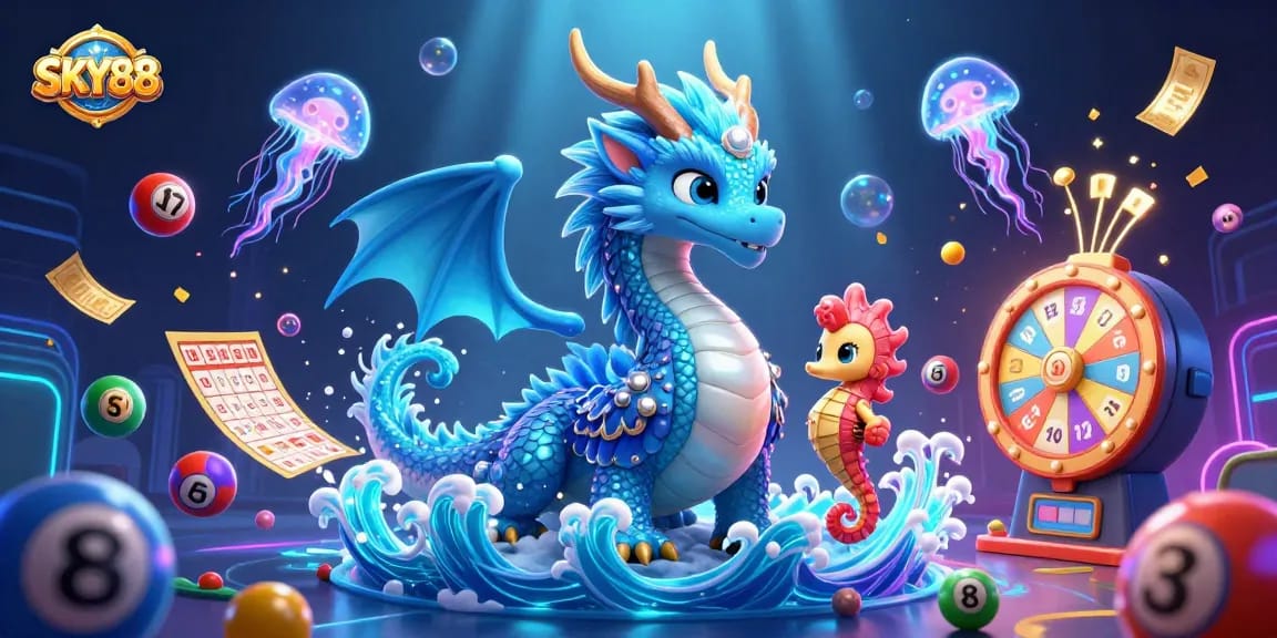 Engage with thrilling lottery experiences at SKY88, featuring vibrant animated scenes and game elements.