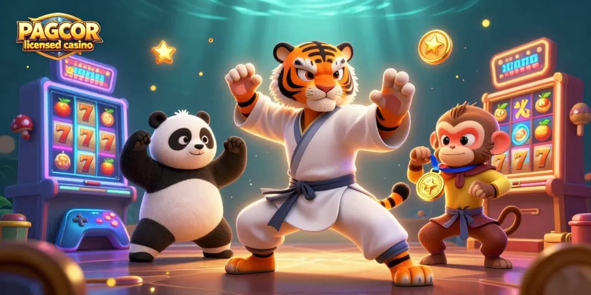 PAGCOR licensed casino features a kung fu tiger and panda in a vibrant slot machine scene.