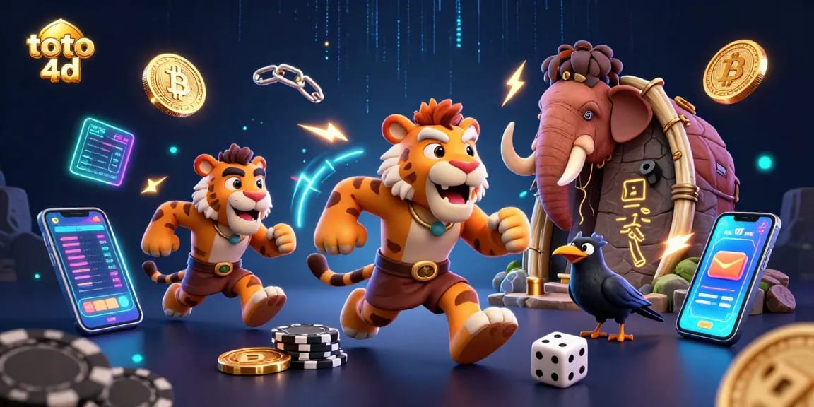 Engage in thrilling toto 4d gameplay with a dynamic illustration of cartoon characters running a prehistoric casino.
