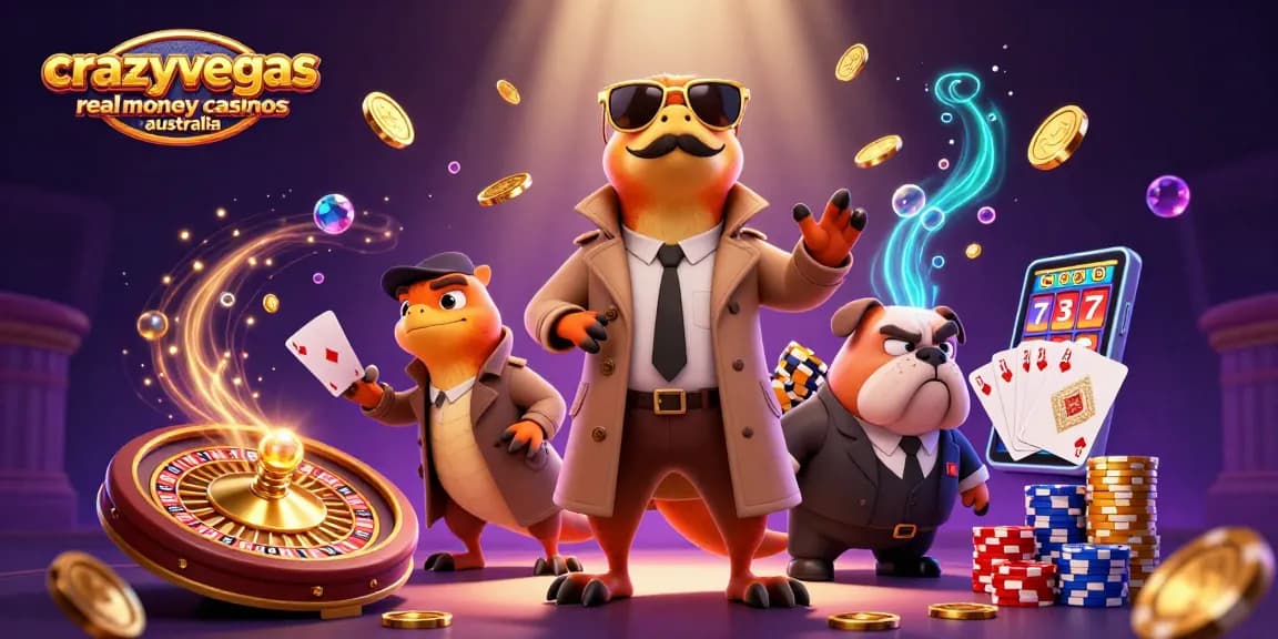 Cascading gems and golden coins surround playful raptors at CrazyVegas real money casinos Australia.