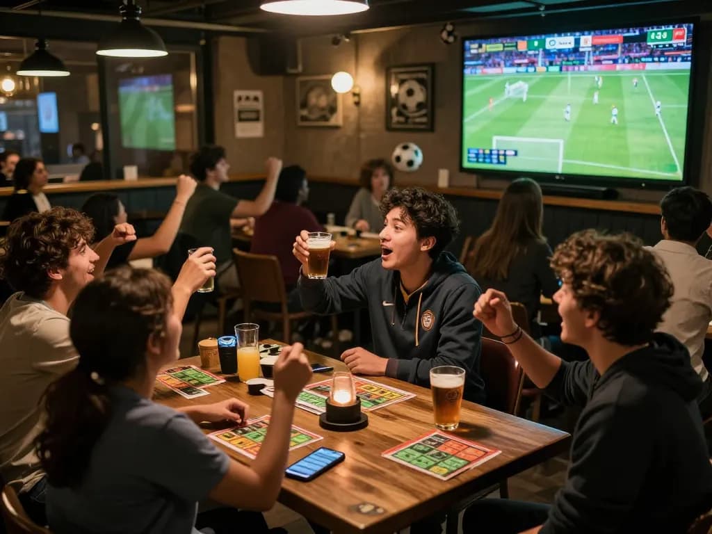 Watch thrilling live football on Cakhiatv while fans celebrate at a vibrant sports bar during match time.