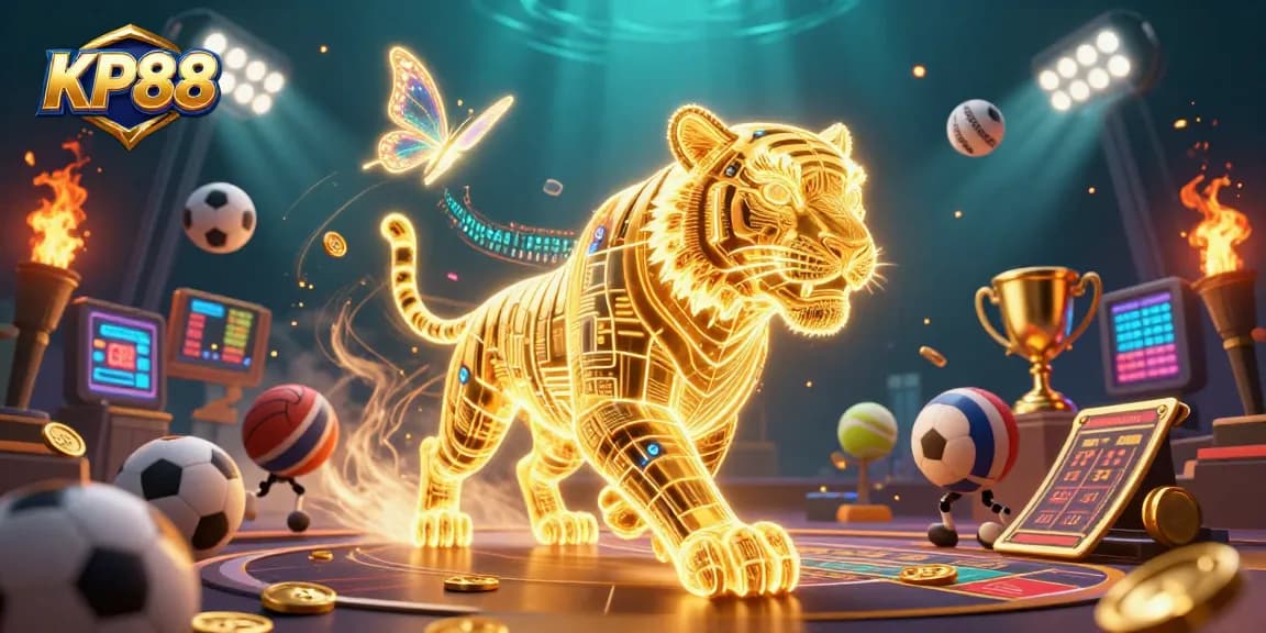 Experience KP88's vibrant gaming landscape with the neon-wireframe tiger and dynamic sports elements.