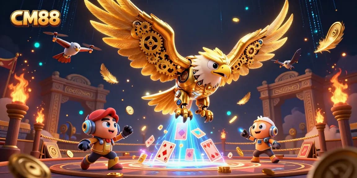 Engage with CM88's vibrant gaming scene featuring golden eagle diving through animated cards.