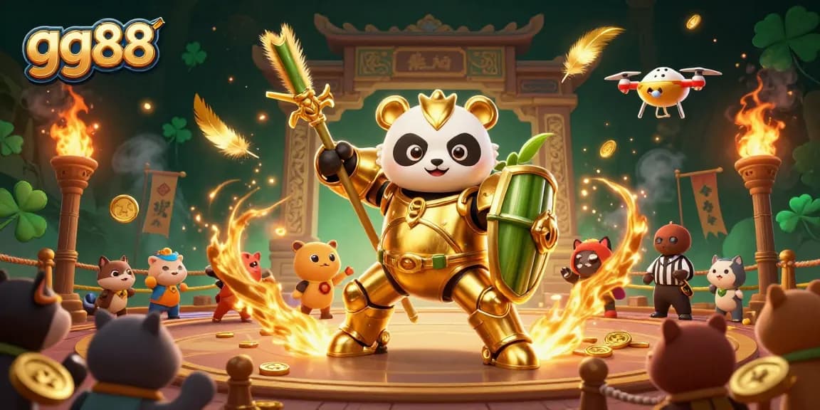 Experience thrilling gameplay with gg88, featuring a golden panda in a lively casino arena.