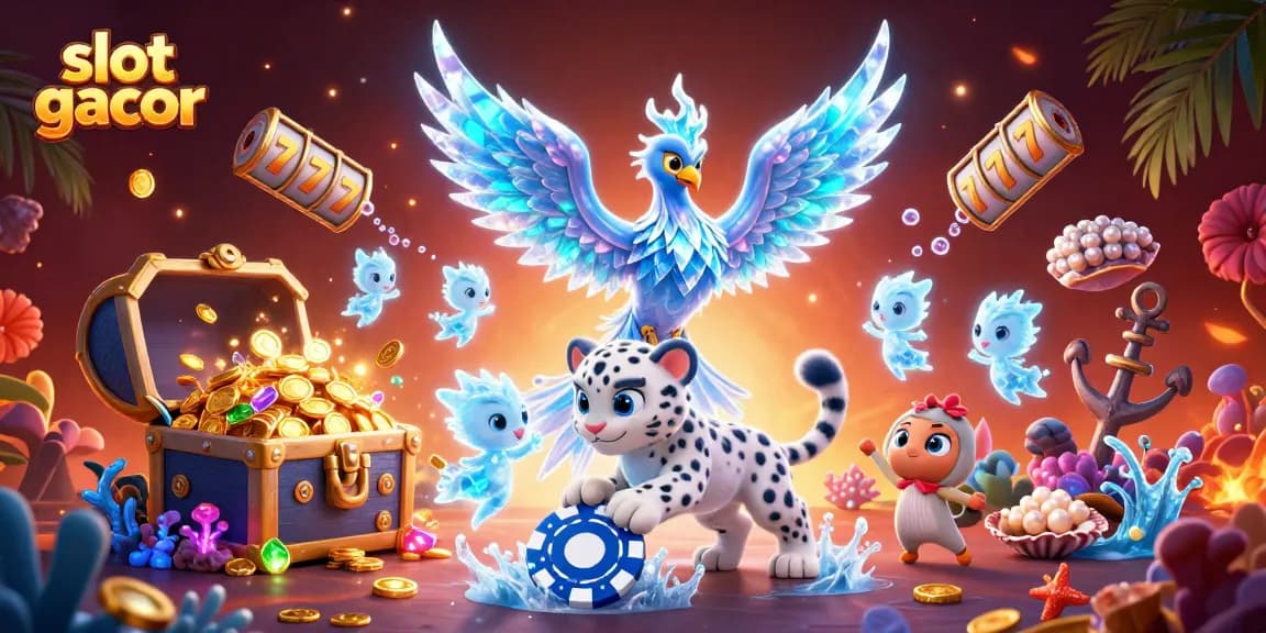 Experience the thrill of slot gacor in a vibrant scene with an ice phoenix, snow leopard, and magical treasures.