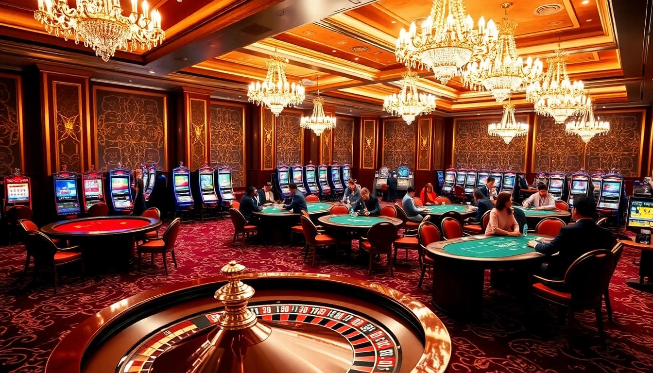 Exciting RR88 casino scene with vibrant tables, roulette wheel, and slot machines.