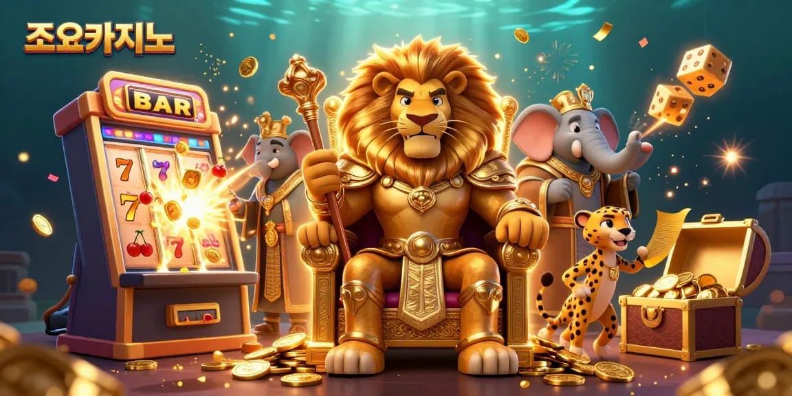 Engage with 조이카지노 as the lion king leads a festive casino scene brimming with games and excitement.