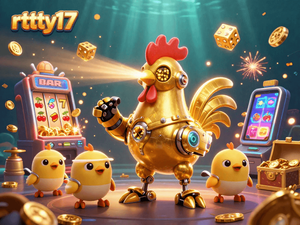 Experience jackpot excitement with rttty17 in a vibrant casino scene featuring golden rooster robots and slot machines.