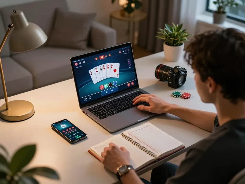 Player strategizing online poker at home, showcasing Nhà cái KONG88 app with laptop and betting notes.