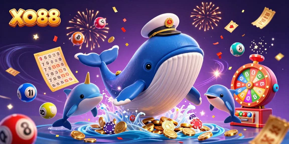 Experience the excitement of XO88 with a vibrant 3D animation of whales and playful dolphins in a dynamic casino scene.