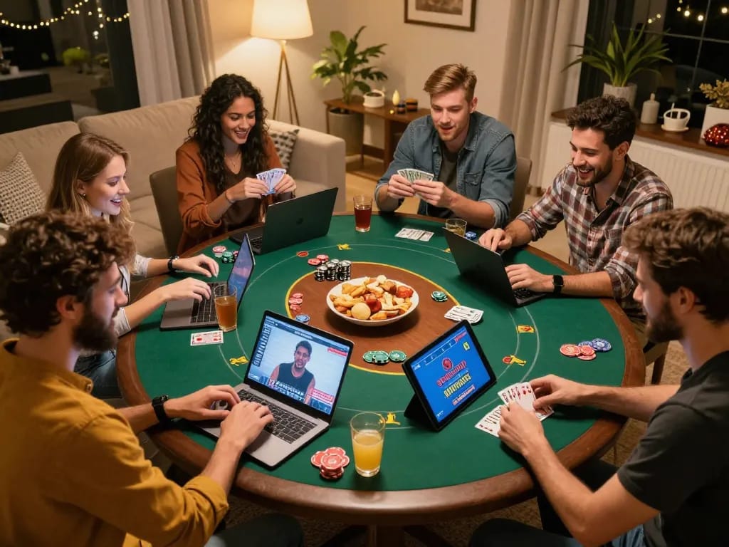Friends enjoying an online game night with ytr88 poker interface on their devices