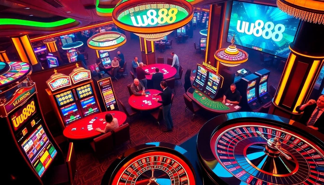 Players enjoying various games at U888 casino with vibrant slot machines and poker tables.