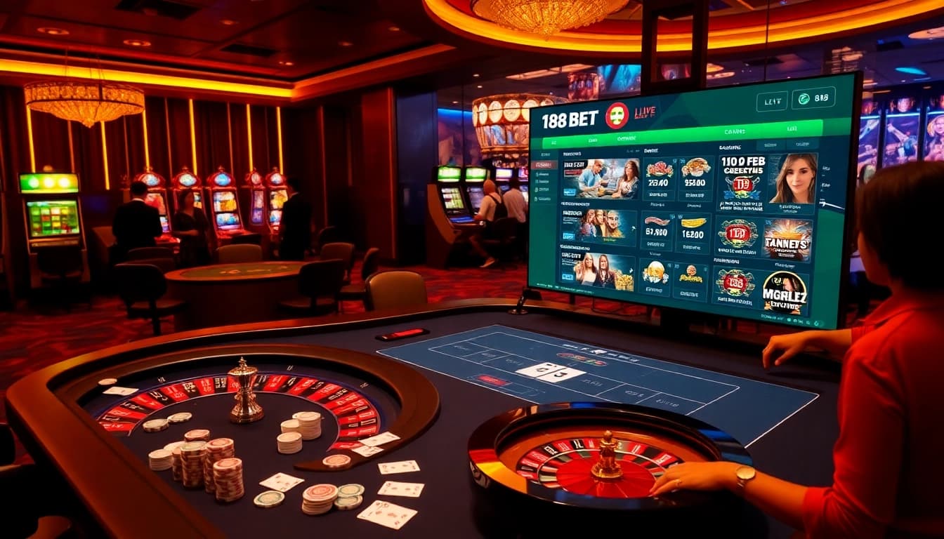 Players engaging in a poker game at a stylish 188bet casino table with vibrant ambiance.
