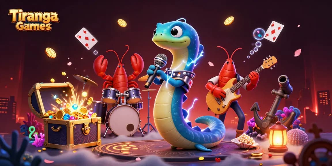 Tiranga Games features an electric eel DJ, lobster drummer, and seahorse guitarist in a dynamic underwater casino scene.
