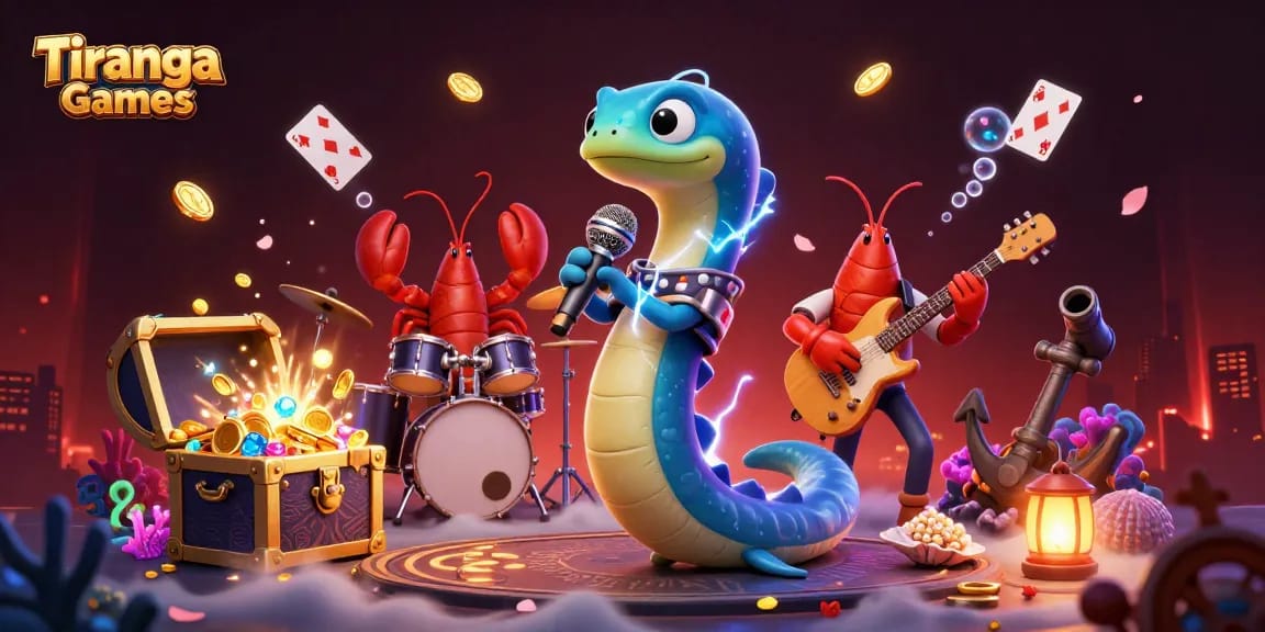 Tiranga Games features an electric eel DJ, lobster drummer, and seahorse guitarist in a dynamic underwater casino scene.