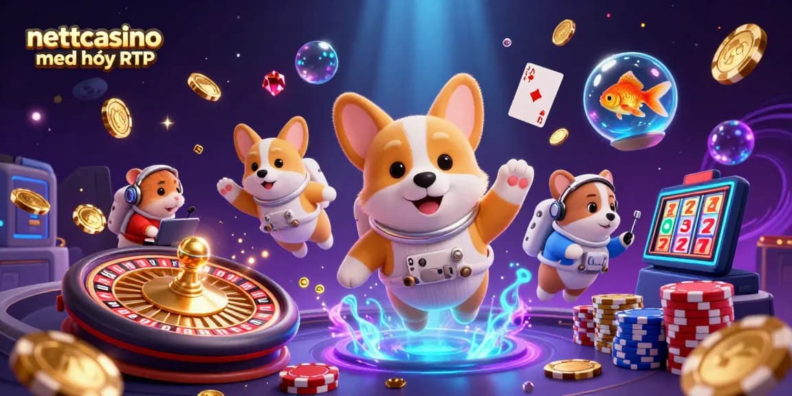 Opplev spenningen av nettcasino med høy RTP med astronaut corgi og casinospill i null tyngdekraft.