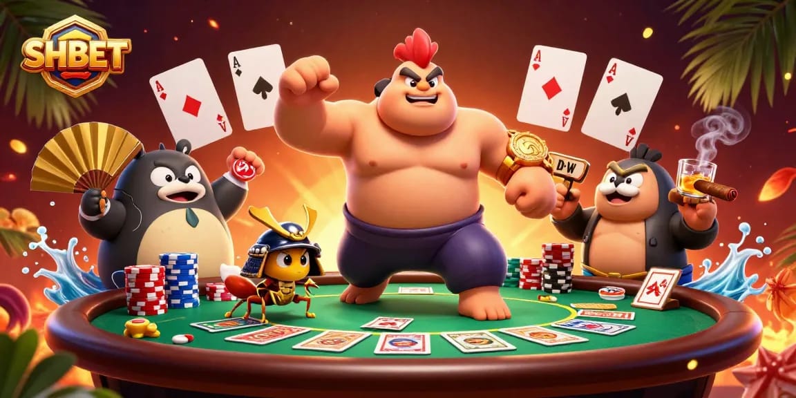 Experience SHBET's thrilling world of gaming with vibrant characters and rich poker elements.