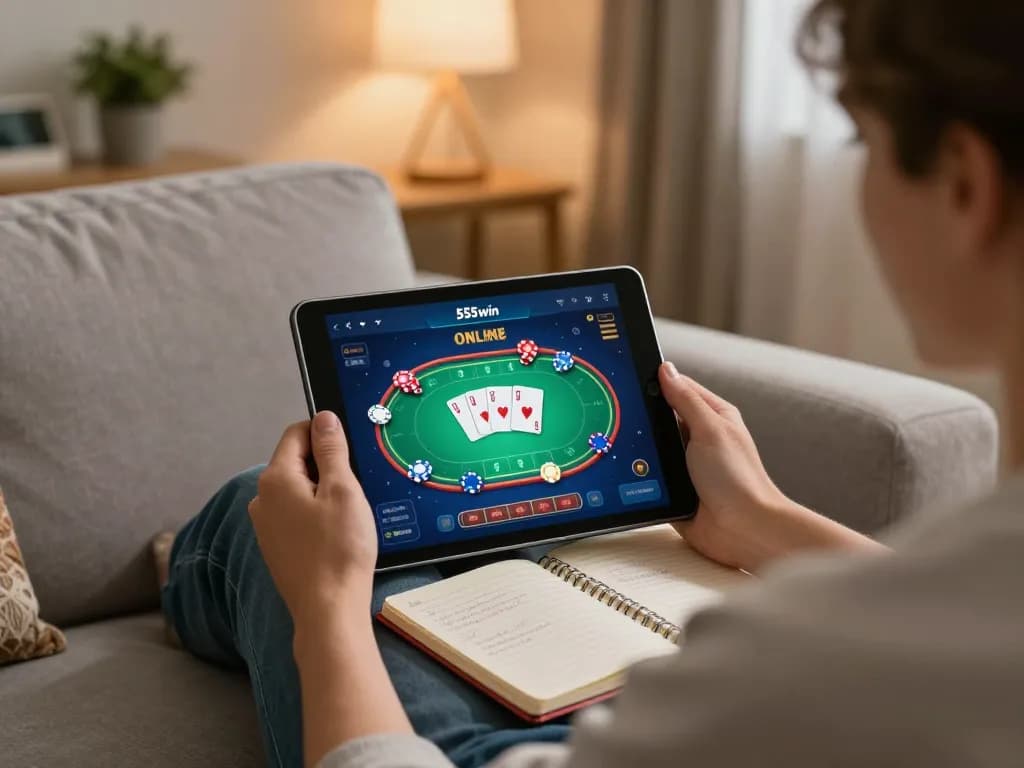 Engaged user playing a lively game on app 555win in a cozy home setting, enjoying online gambling responsibly.