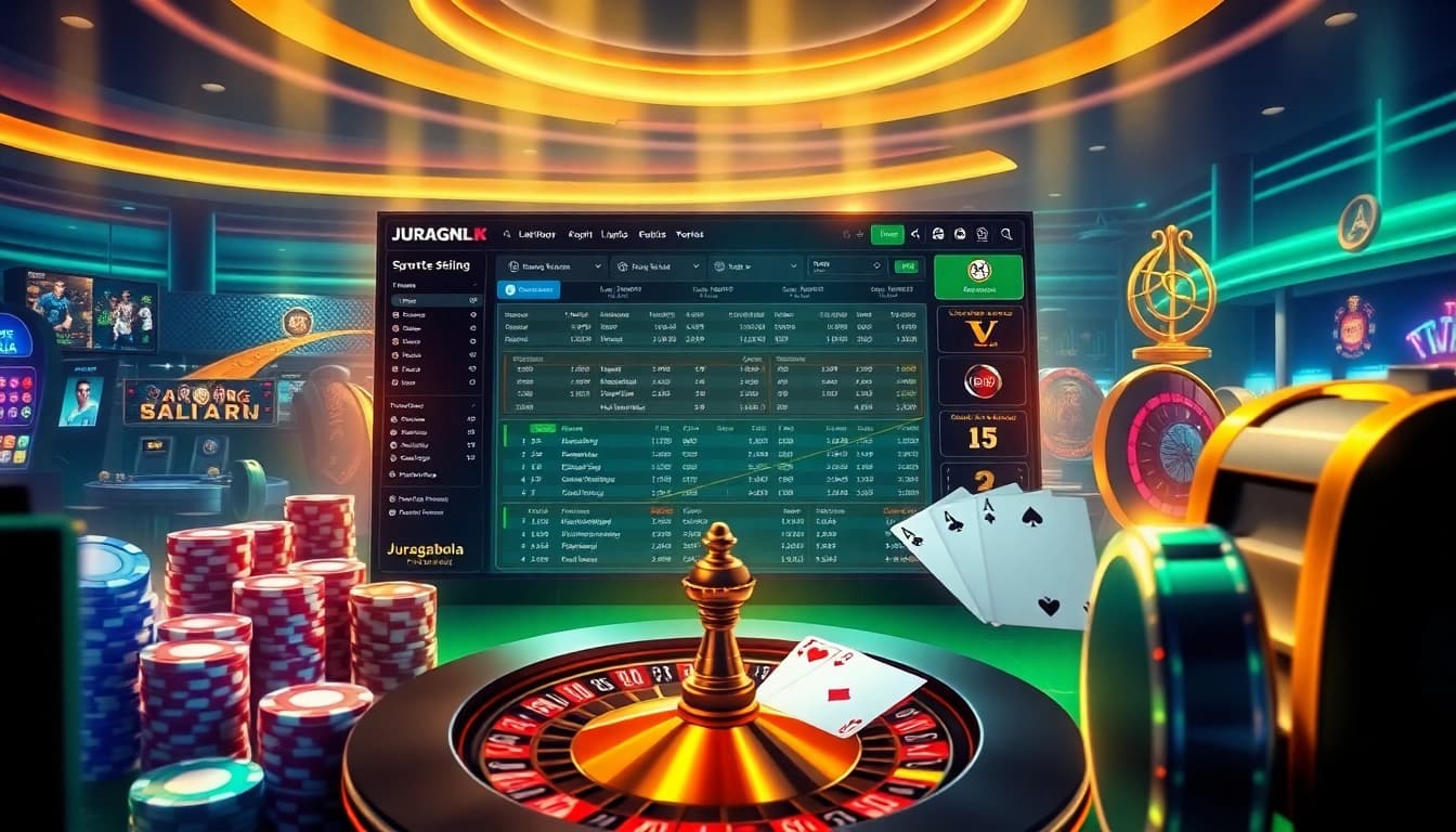 Juraganbola platform displaying strategic live betting odds and dynamic poker chips in high-tech casino setting