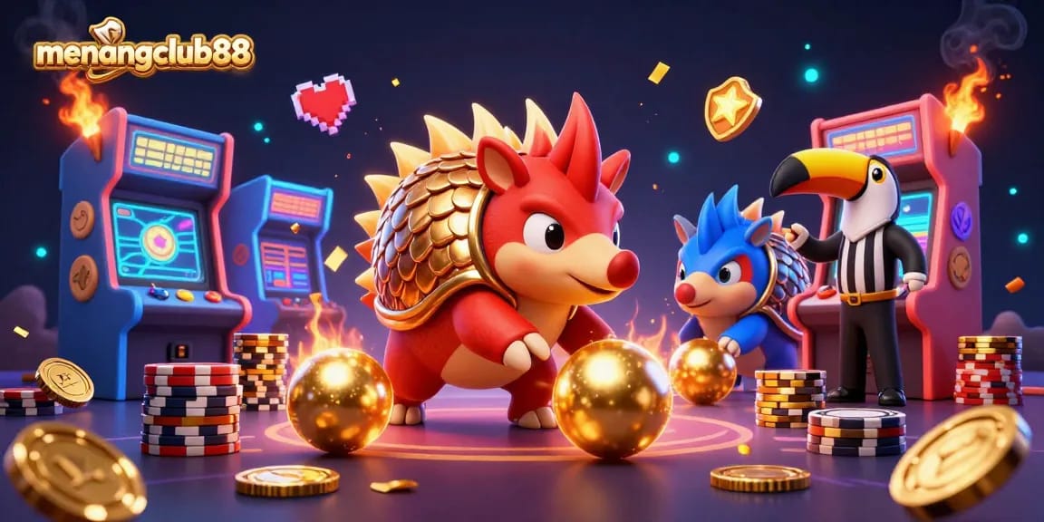 Experience menangclub88 with rival pangolins rolling golden balls amid vibrant poker chips.