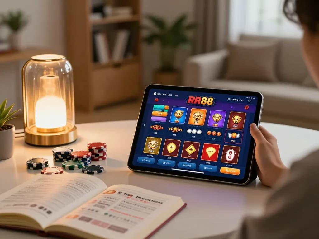 Person engaging with the RR88 casino app on a tablet during a cozy home gaming session.