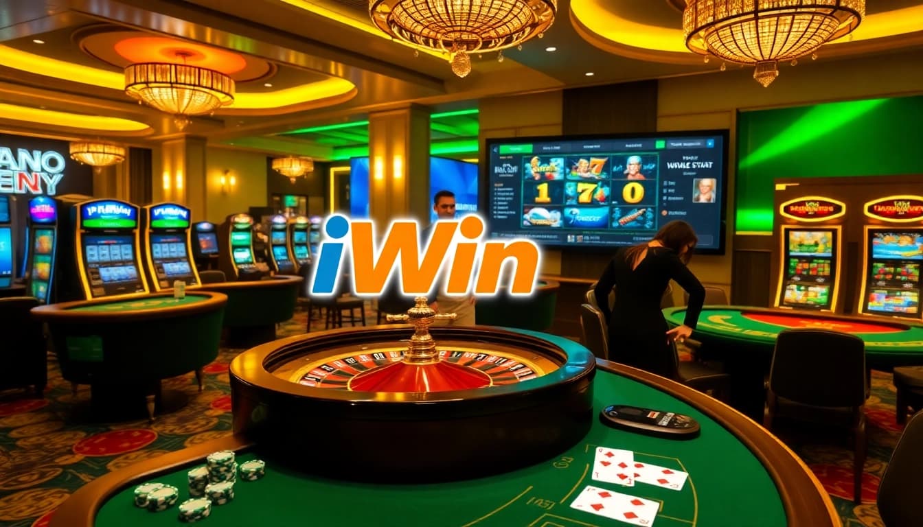 Experience the thrill of iWin at a vibrant casino scene with roulette and poker.
