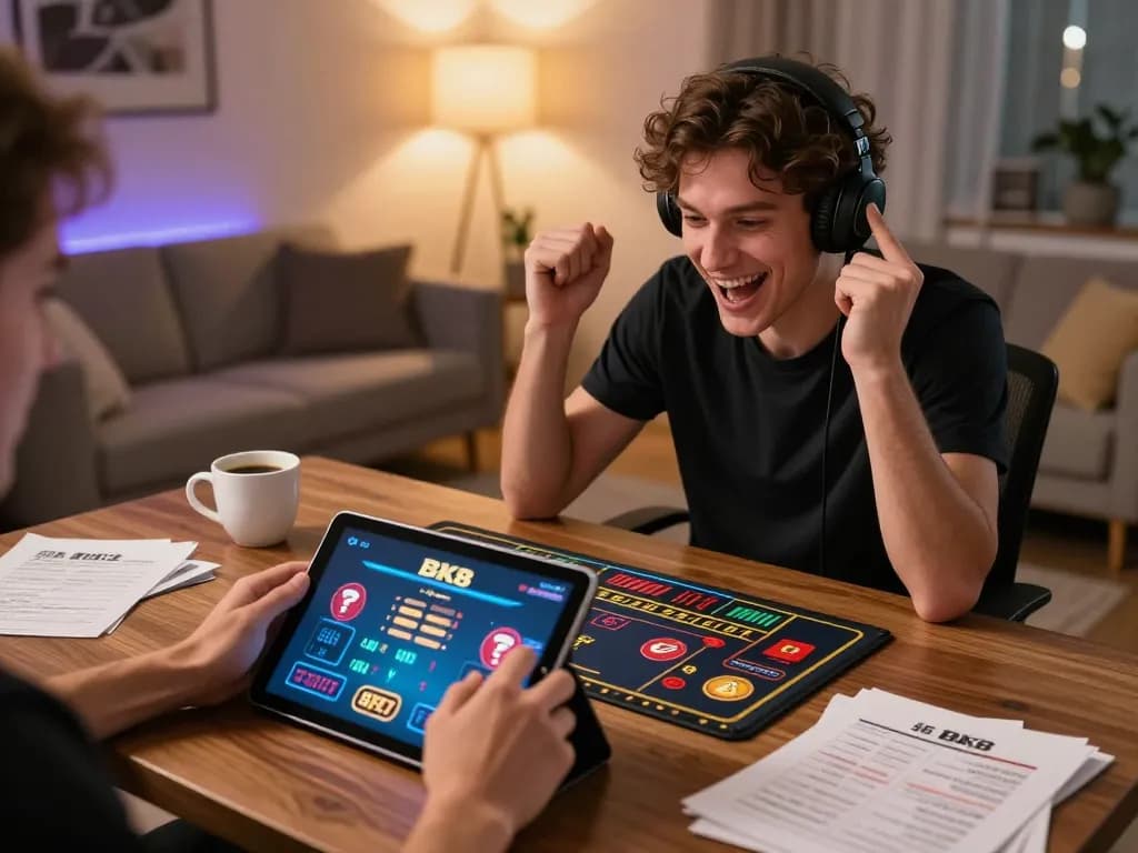 Engaging in online gaming at BK8, player focused on tablet with betting interface in a cozy home setting.