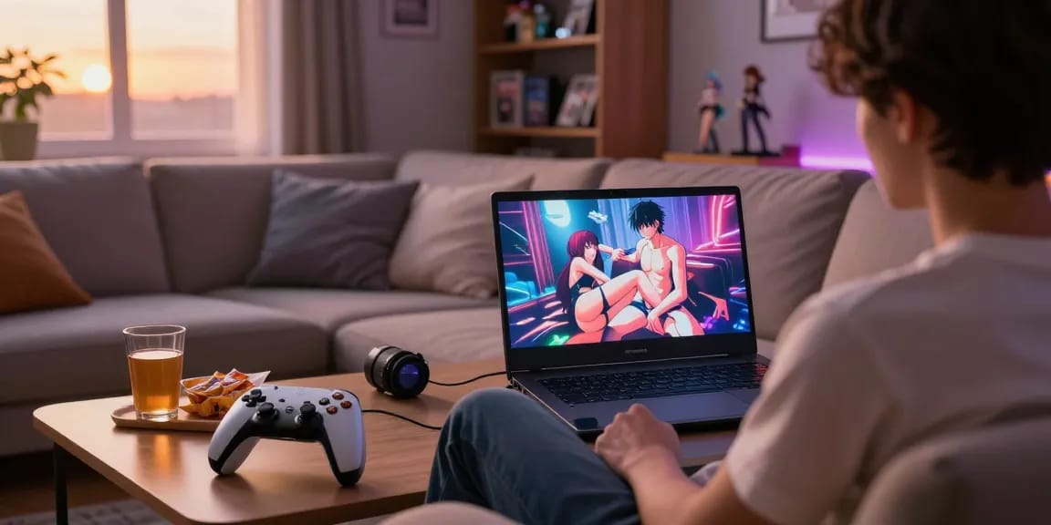 Player immersed in a popular hentai game on a laptop in a cozy living room.