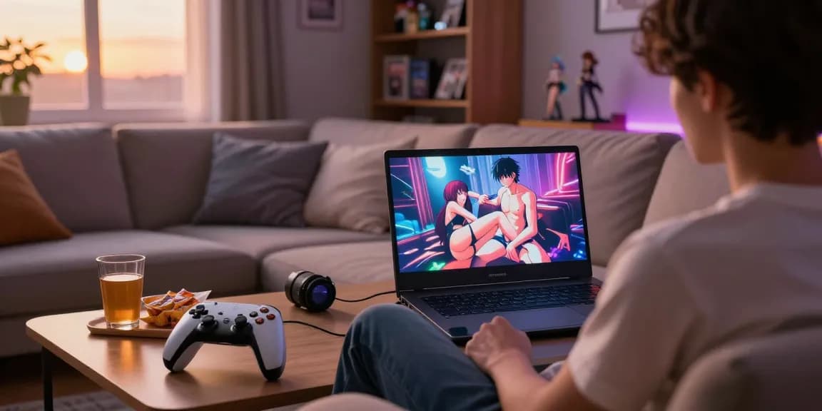 Player immersed in a popular hentai game on a laptop in a cozy living room.