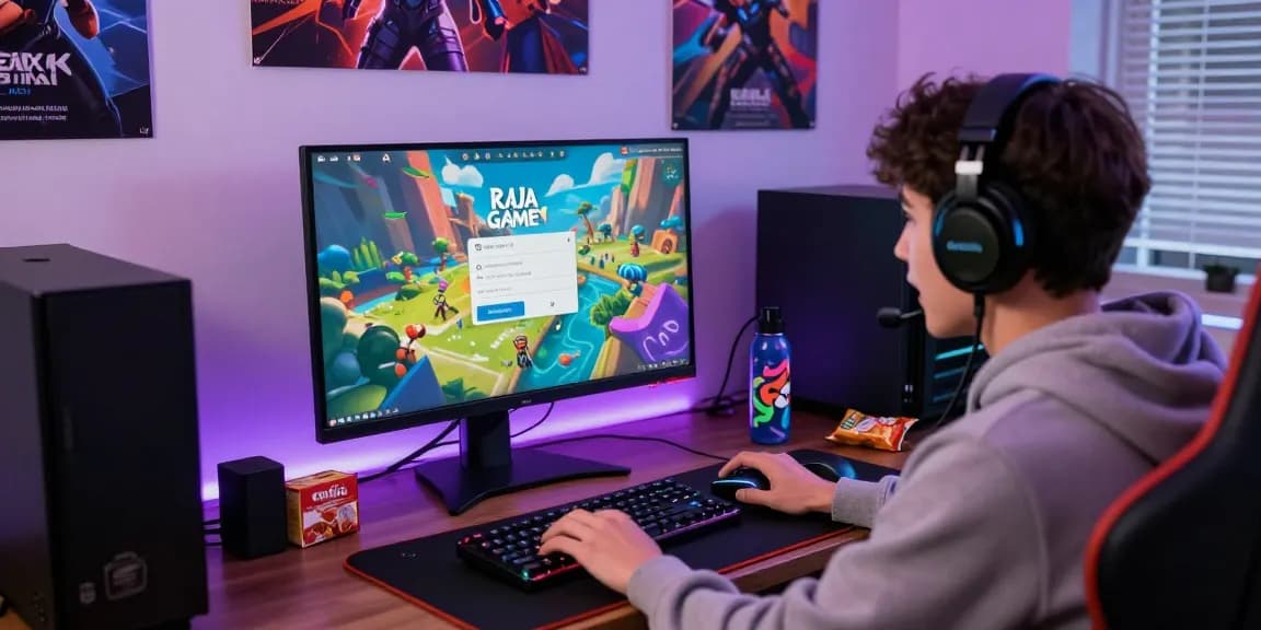Player logging in to Raja Game on a vibrant gaming setup with colorful interface.