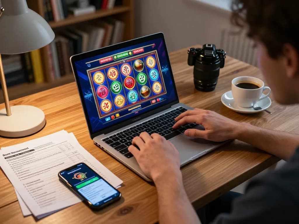 Engaging in online slot gaming with aman788 slot gacor on a laptop, showcasing a modern and responsible gambling atmosphere.