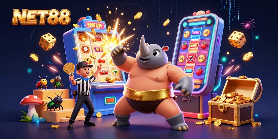 Experience the excitement of NET88 with a thrilling 3D illustration of a sumo beetle champion amid a jackpot explosion.