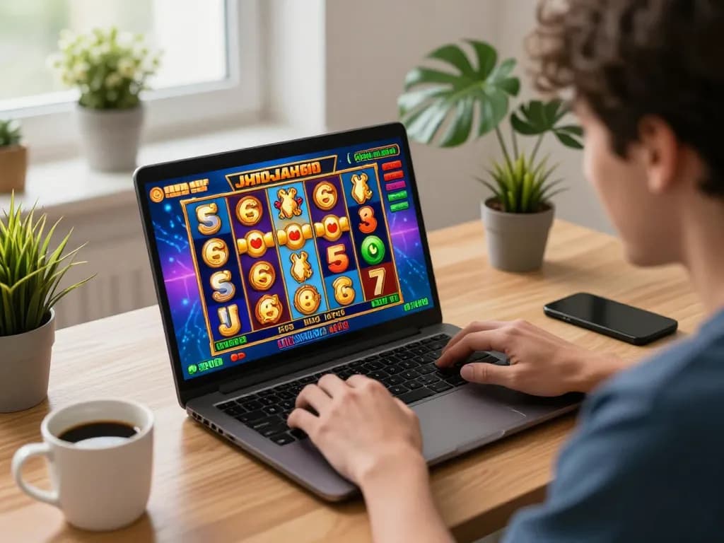 Player enjoying a slot gacor game on a laptop, showcasing excitement and engagement while gambling responsibly.