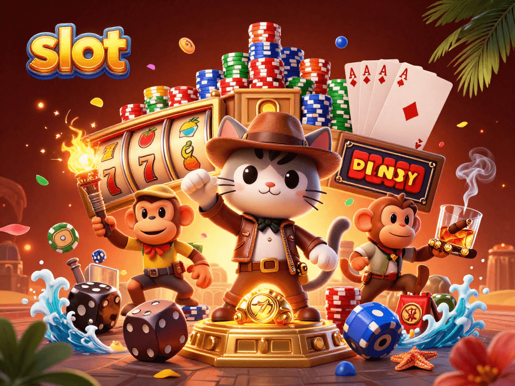 Spin exciting slot reels while a cartoon cat explorer discovers golden artifacts.