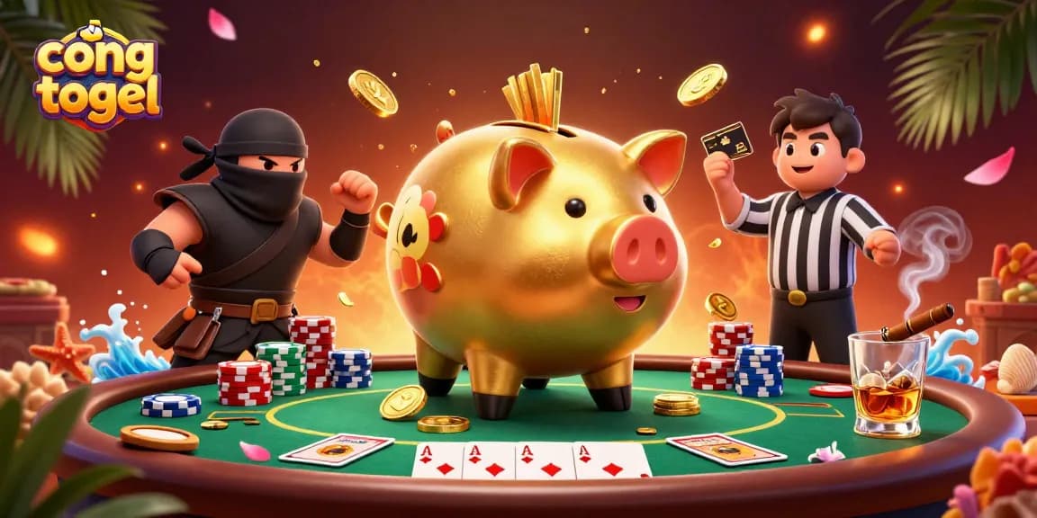 Engage with cong togel as a dynamic gaming scene unfolds featuring lively characters and vibrant casino elements.