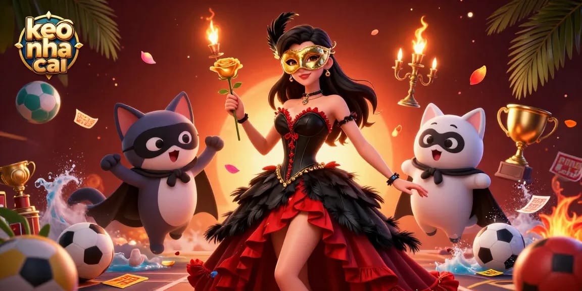 Bet on keo nha cai with a stunning woman in red gown and a cat, amid sports betting elements.