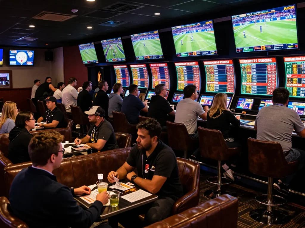 Engaging sports fans placing bets at a lively betting lounge focused on kèo nhà cái hôm nay with dynamic screens