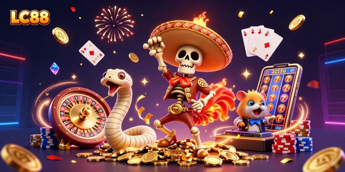 Engage with thrilling casino action at LC88 with a vibrant celebration of games, coins, and excitement.