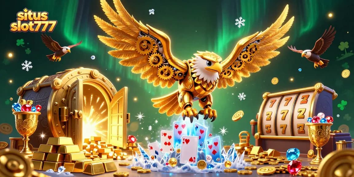 Experience thrilling adventures at situs slot777 with a dynamic illustration of a cybernetic eagle amidst dazzling casino elements.
