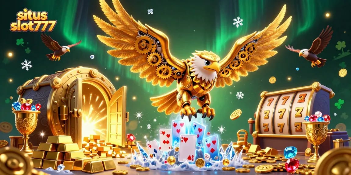 Experience thrilling adventures at situs slot777 with a dynamic illustration of a cybernetic eagle amidst dazzling casino elements.