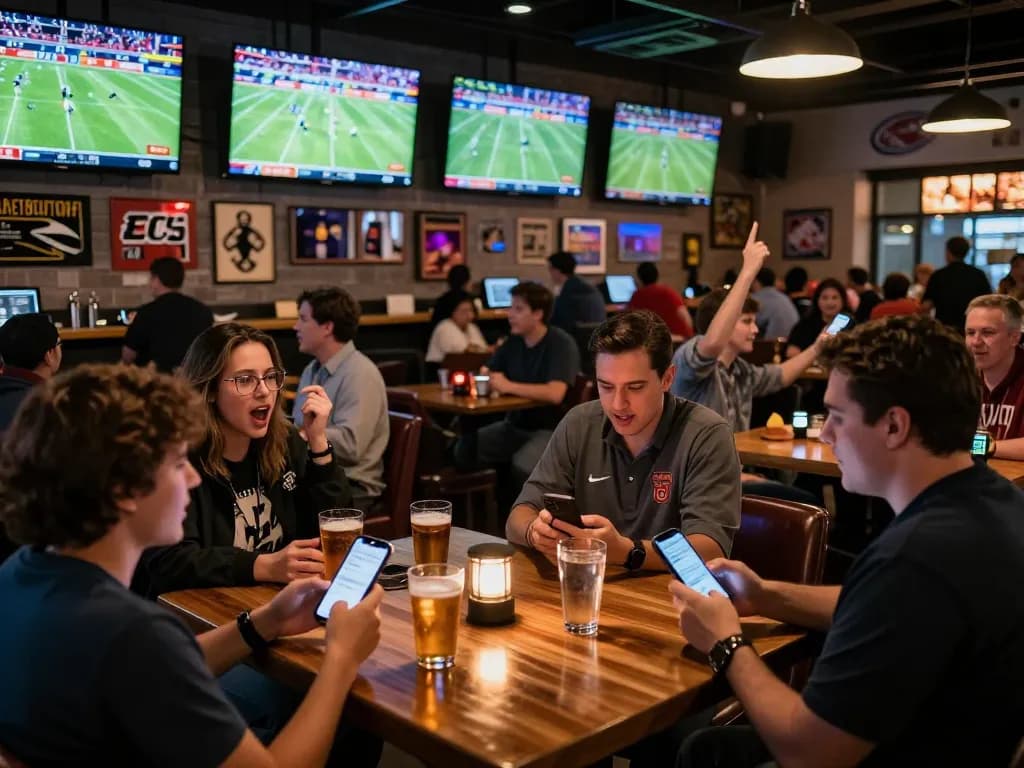 Engaged patrons utilizing sports betting apps while watching live matches, highlighting kèo nhà cái excitement