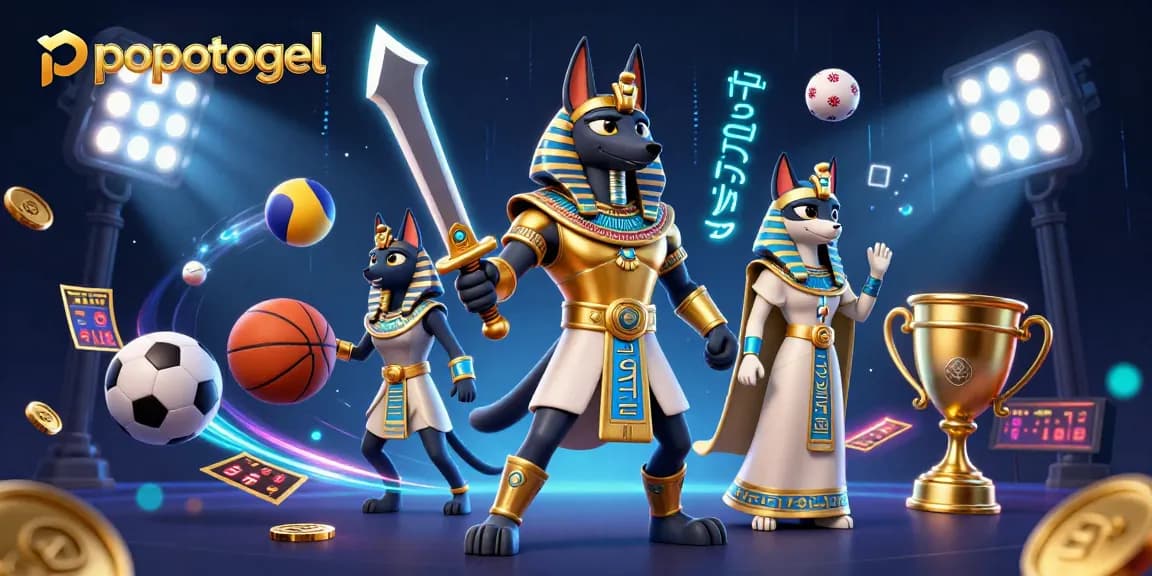 Engage in exciting gaming at popotogel with vibrant characters, golden trophies, and dynamic sports elements.