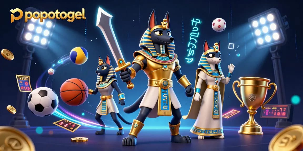 Engage in exciting gaming at popotogel with vibrant characters, golden trophies, and dynamic sports elements.