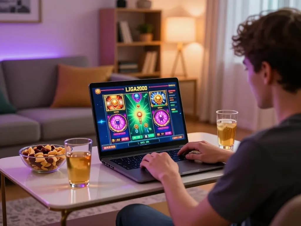 LIGA2000 player enjoying electrifying slot game on laptop in cozy home setting.