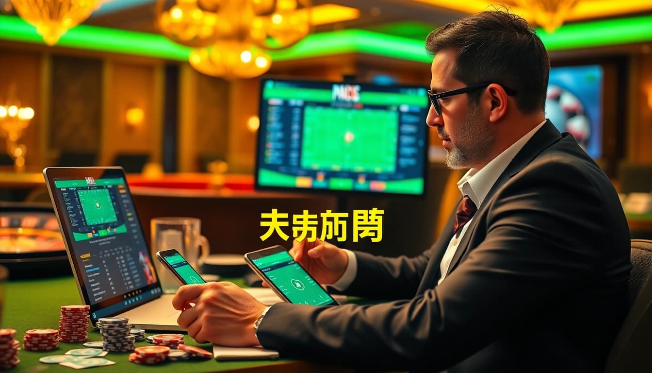 Engaging scene of สมัครแทงบอล through mobile and online interfaces in a luxurious casino setup.